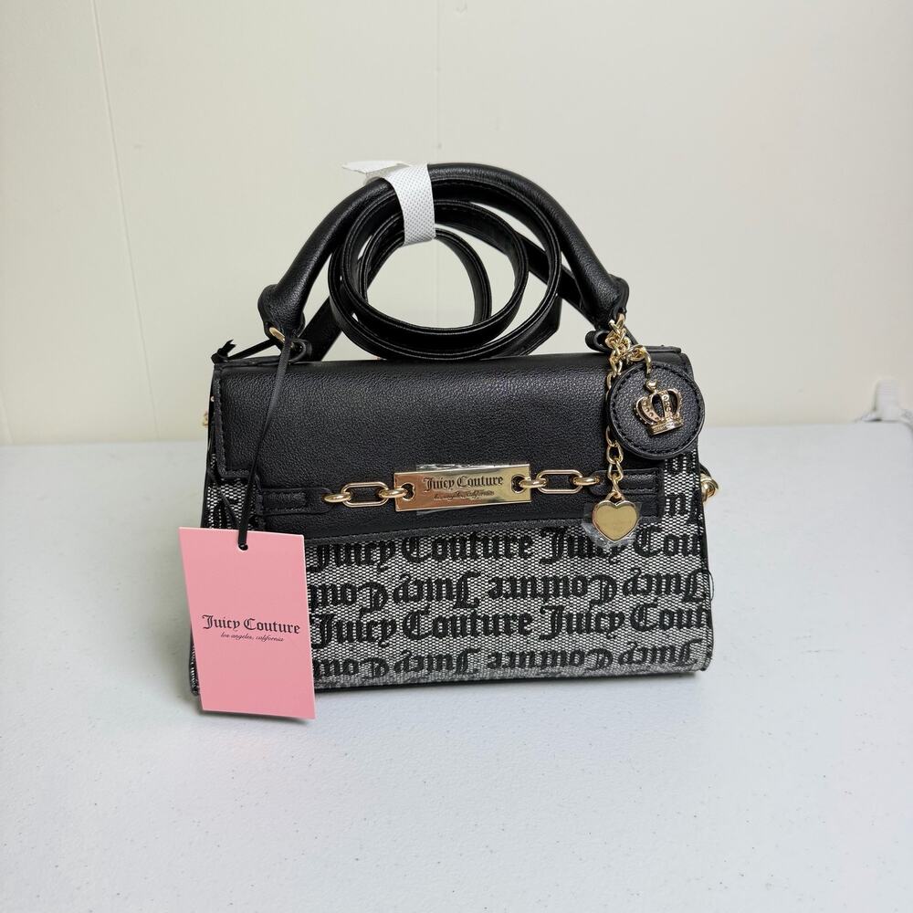 Juicy Couture Monogram Logo Flap Crossbody Bag Black Gold Heart Charm